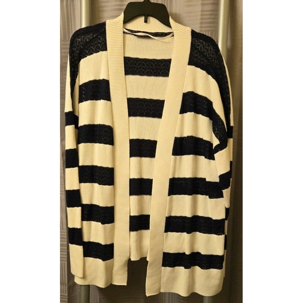 Lane Bryant Open Cardigan Sweater Women 18/20 Blue Cream Stripe Knit Long Sleeve